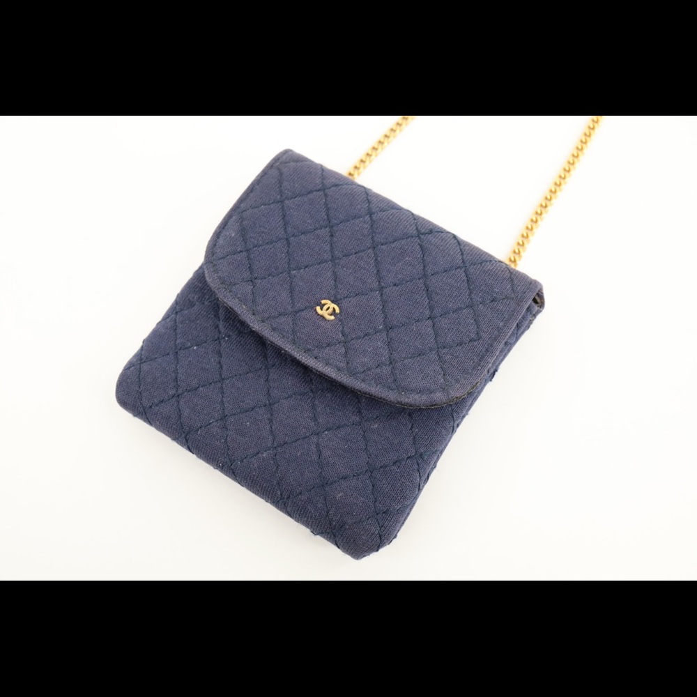 Vintage Chanel Knit Quilted Jersey Pouch Necklace Dark Blue Gold Hardware